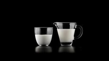 Glass of milk and a milk pitcher on black background photo