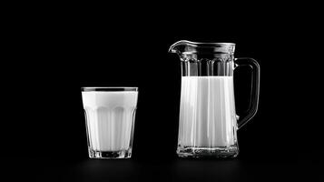 A glass and pitcher of milk on a black background photo