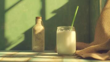 Glass of Milk with Straw and Bottle in Sunlit Room photo