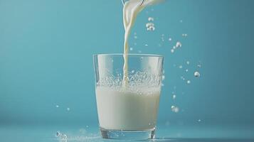 Milk pouring into a glass against a blue background photo