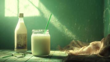 Refreshing Yogurt Drink with Straw and Bottle photo