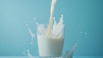 Milk pouring into glass creating a splash photo