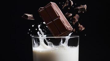 Chocolate bar falling into a glass of milk photo