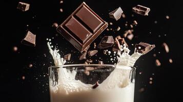 Chocolate Pieces Falling Into Milk Splashing photo
