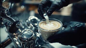 Gloved Hands Pouring Milk Into Latte Art Coffee photo