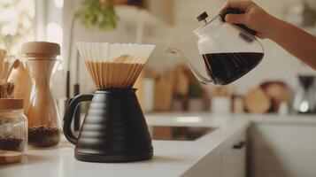 Pouring freshly brewed coffee into a server photo