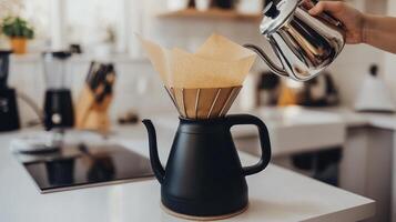 Pouring Hot Water Into Coffee Filter For Brewing photo