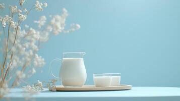 Milk pitcher and glasses on wooden tray with flowers photo