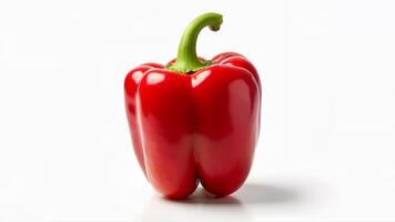 A single crisp red bell pepper isolated on a white background for food, nutrition, or cooking concepts. For culinary or healthy eating visuals. photo