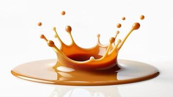 A dynamic splash of aromatic milk coffee is captured isolated on a white background. The image is suitable for illustrating beverage concepts and food advertising. photo