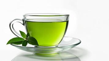 A clear glass cup filled with aromatic green tea is placed on a matching saucer, isolated on a white background. The image is suitable for illustrating healthy beverage choices and tea culture. photo