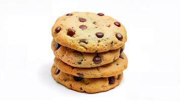 Three chocolate chip cookies are stacked on a white isolated background for food advertising or menu design. For bakery, dessert, or snack related content. photo