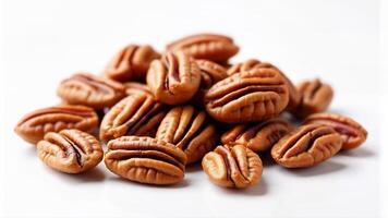 A pile of crunchy pecan nuts is isolated on a clean white background for food, nutrition, or ingredient concepts. The image is suitable for illustrating healthy snacks, recipes, or nut varieties. photo