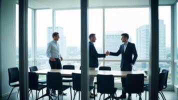 Blurred professionals handshake meeting in modern office. Suitable for business, partnership, or corporate agreement context and purpose. photo