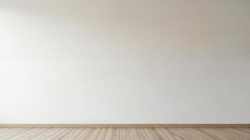 Isolated empty room with a plain white wall and wooden floor, suitable for interior design presentations or mockups.Context for showcasing products or creative projects. photo