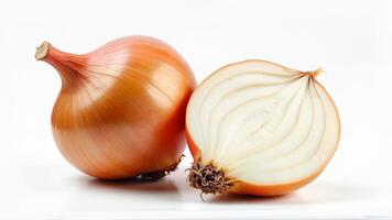 A whole onion and a half onion are displayed isolated on a white background for food, cooking, or nutrition concepts. photo