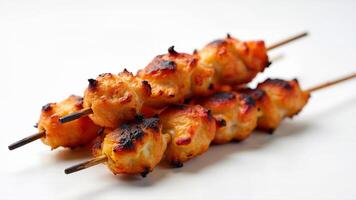 Grilled chicken skewers arranged on a clean white surface for food presentation or menu design. Image is isolated for use in culinary, restaurant, or recipe contexts. photo