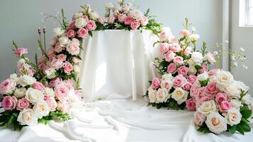 Simple floral arrangement on white fabric for wedding stage decoration. Image is suitable for event planning, floral design, and celebration themes. photo