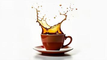 Aromatic coffee splashes out of a brown cup on a white isolated background. The image is suitable for beverage, cafe, or breakfast concepts. photo