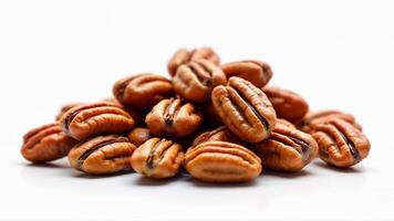 A pile of crunchy pecan nuts is isolated on a clean white background. This image is suitable for food, nutrition, and healthy snack concepts. photo