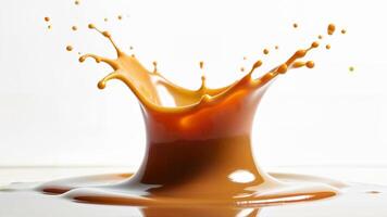 A dynamic splash of aromatic milk coffee is captured isolated on a white background. The image is suitable for illustrating beverage freshness and energy in food and drink contexts. photo