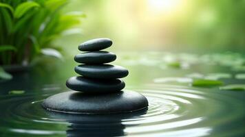 Calm stones stacked for meditation purpose. Peaceful context for wellness, spa, or relaxation themes in visual content. photo