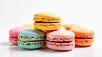 Pastel macarons isolated on a white background for food presentation. Suitable for bakery, dessert, and confectionery themes in digital or print projects. photo