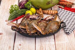 A pan of crabs on a wooden table photo