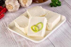 A plate with four pieces of tofu and garlic photo