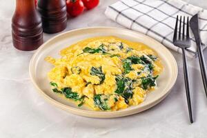 Eggs with spinach and cheese on a plate photo