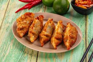 Fried chicken dumplings on a plate with chopsticks and lime photo