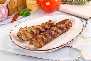 Two meat skewers on a white plate with spices photo
