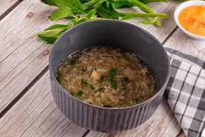 A bowl of soup on a table next to a bowl of soup photo