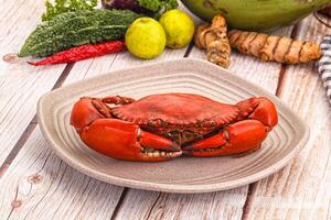 A crab on a plate with other vegetables and a bowl of fruit photo