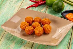 A plate of fried chicken balls on a table photo