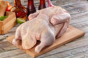 A whole chicken sitting on a cutting board photo