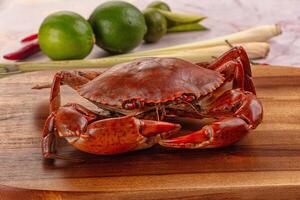 A crab sitting on a wooden cutting board photo