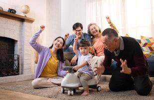 Happy multi-generational Asian family enjoying quality time together at home,49 photo
