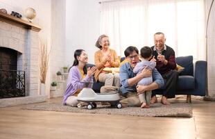 Happy multi-generational Asian family enjoying quality time together at home,13 photo