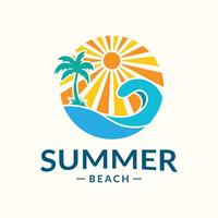 Summer beach logo featuring palm tree and ocean wave vector