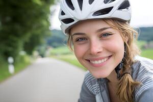 Smiling cyclist woman wearing helmet is posing on a road photo