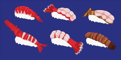 Assorted Shrimp Sushi Collection with Mantis, Sweet Shrimp, Botan Ebi and Japanese Prawn Nigiri vector