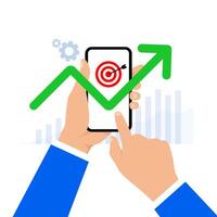 Hand pointing at mobile phone with up arrow and business target group. Success concept. On white background. illustration vector
