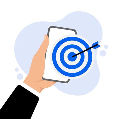 Hands holds smartphone with blue business target group. Success concept on white background. illustration