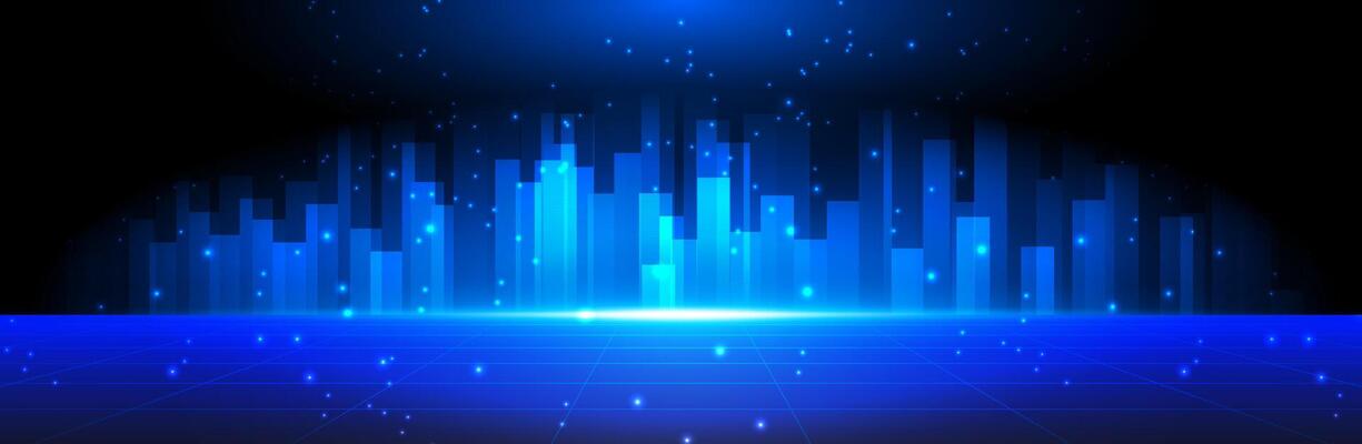 Blue Night City Background. Futuristic Abstract. Technology with Starry sky. Neon Light Effect for Product Presentation. Perspective Template. Design.