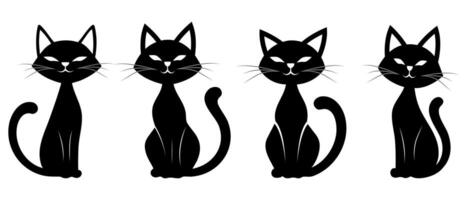 Realistic set of cat silhouette on a white background. Pet cat illustration in different poses. Realistic cat in black shape for design elements. Domestic cat black shape in silhouette vector