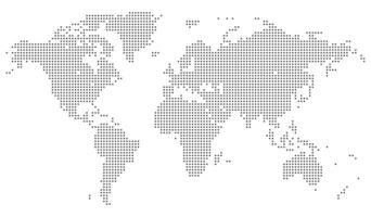 A geometric squire shape dotted world map showing all major continents including Australia, Europe, USA, Africa, Asia, Middle east. Realistic dotted world map feathering abstract country boundary vector