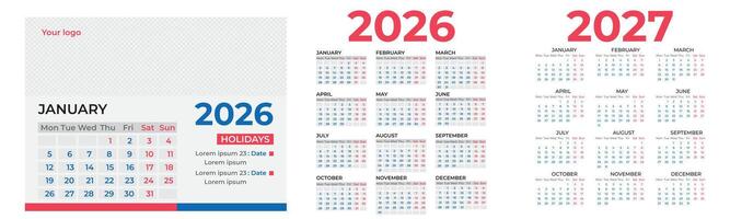 Realistic and Trending calendar design 2026, 2027 year. Calendar set template design for 2026 and 2027 year. Monthly calendar layout for 2026 and 2027 year and week start on Monday vector