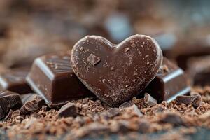 Chocolate heart resting on chocolate bar surrounded by chocolate shavings photo
