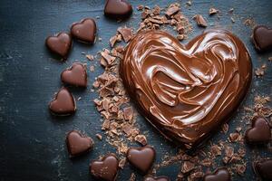 Chocolate heart cake surrounded by chocolate hearts and shavings for valentine's day photo